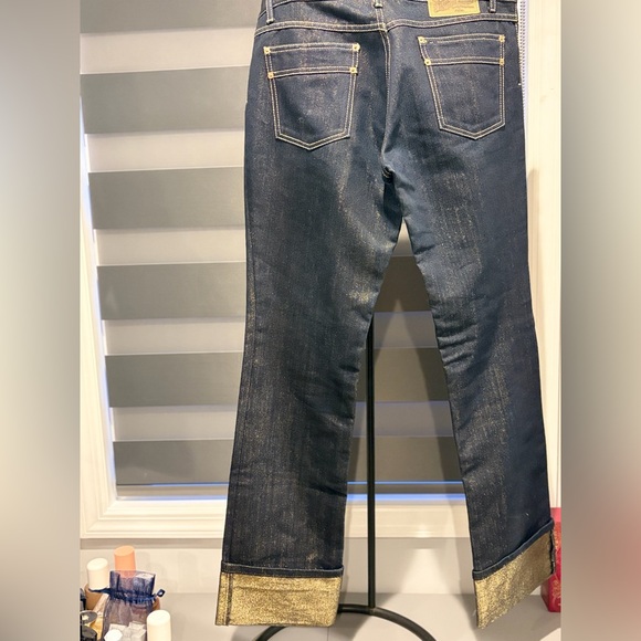 Louis Vuitton LV Metallic Gold Cuff Jeans Sz42 Dark Wash Designer Denim Rare Y2K - Picture 6 of 8